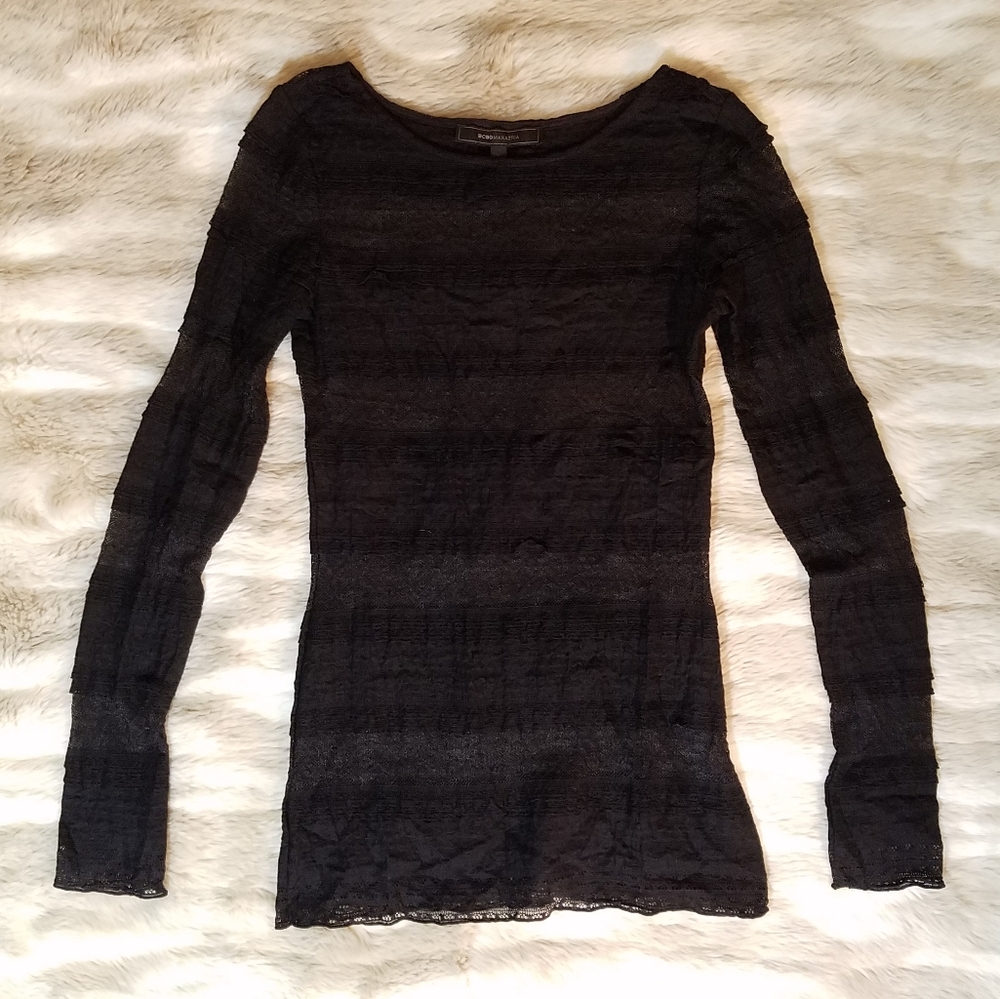 BCBGMaxAzria Black Lace Sheer Striped Top